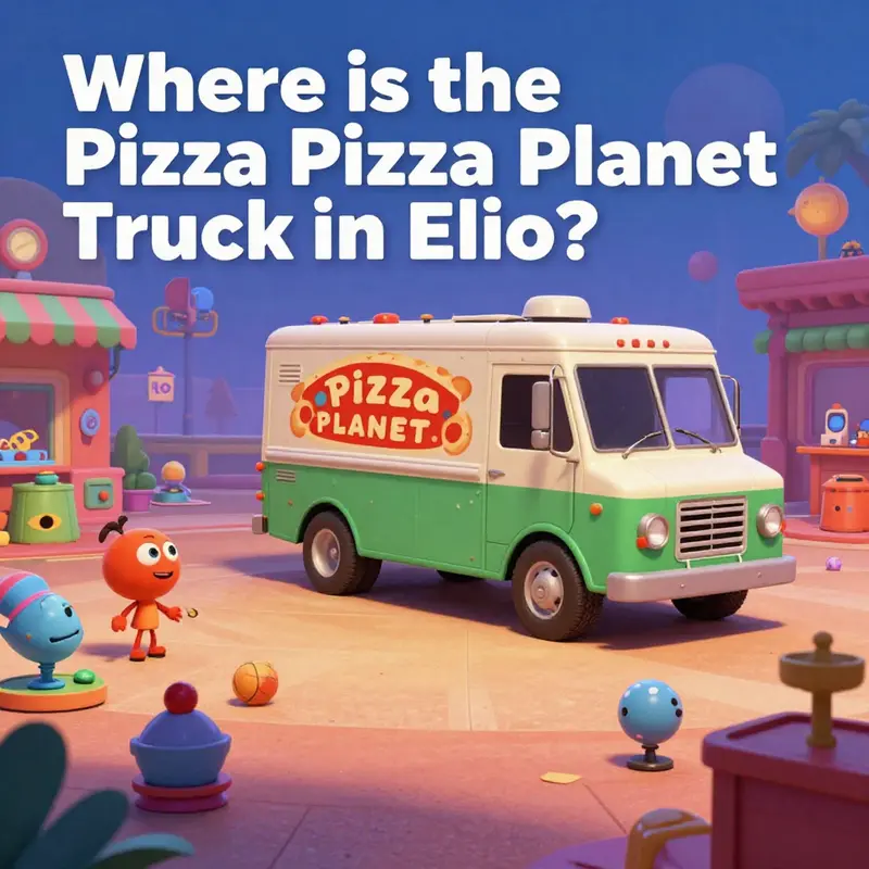 The vibrant film set of *Elio*, missing the iconic Pizza Planet Truck.