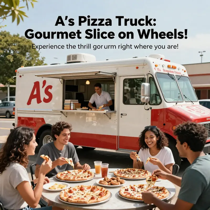 A lively shot of A’s Pizza Truck with enthusiastic customers enjoying their pizzas in a sunny outdoor setting.