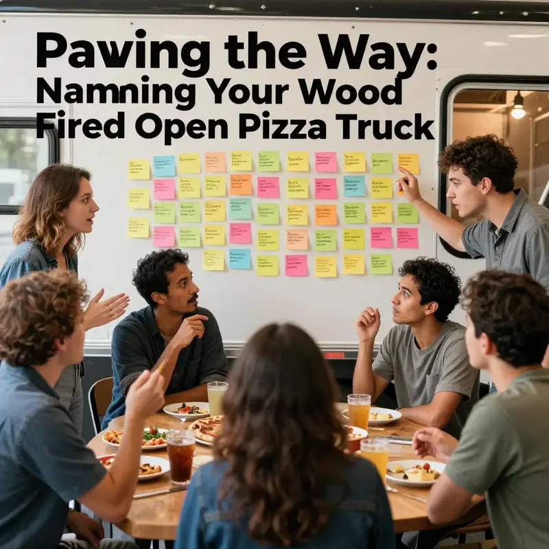 A vibrant brainstorming session focused on developing unique names for a wood-fired oven pizza truck.