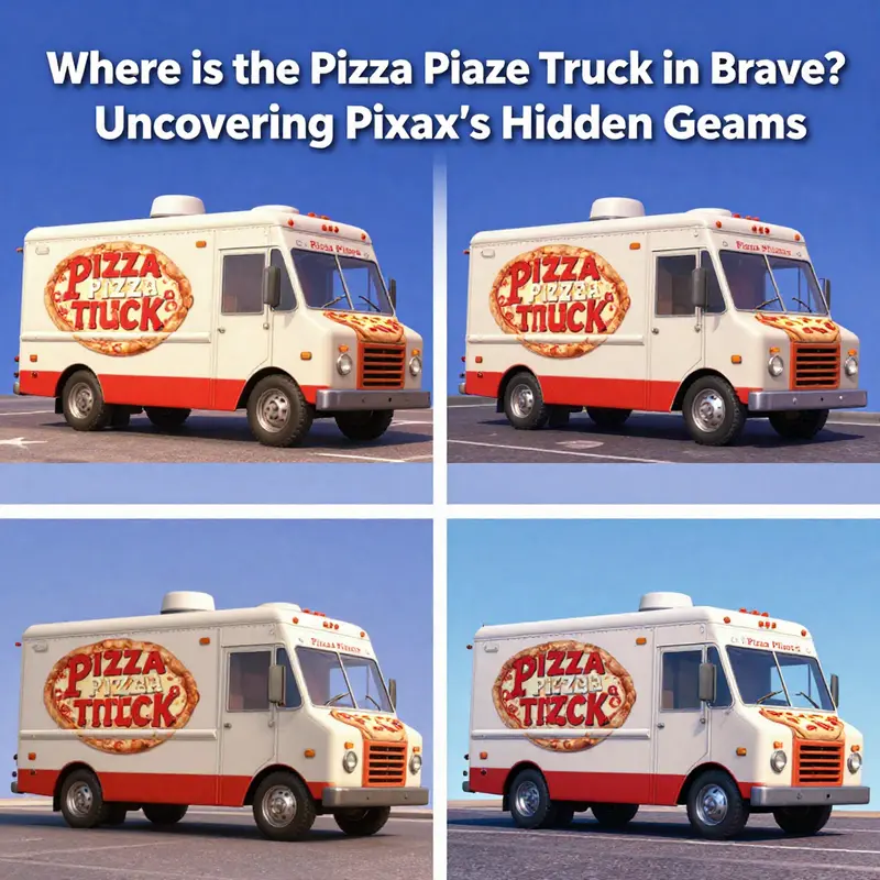 The iconic Pizza Planet Truck as a wooden carving in the Witch’s workshop.