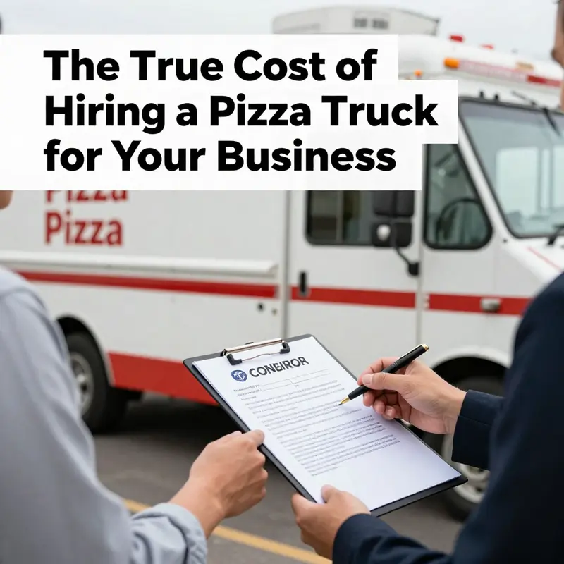 A pizza truck serves fresh slices at a bustling street, highlighting the daily rental experience.