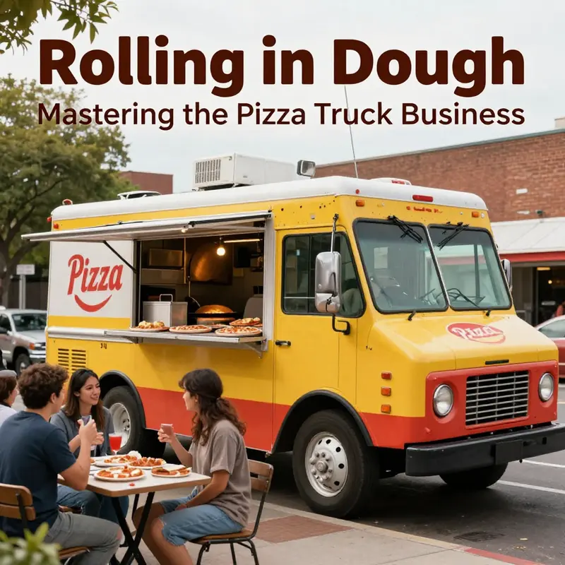 A colorful pizza truck in an urban setting, showcasing outdoor dining and customer interaction.