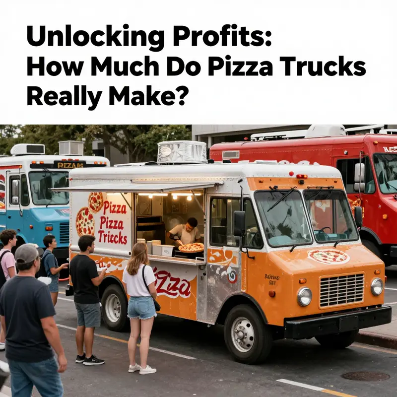A lively street scene with multiple food trucks, emphasizing a pizza truck drawing a crowd while cooking pizzas.