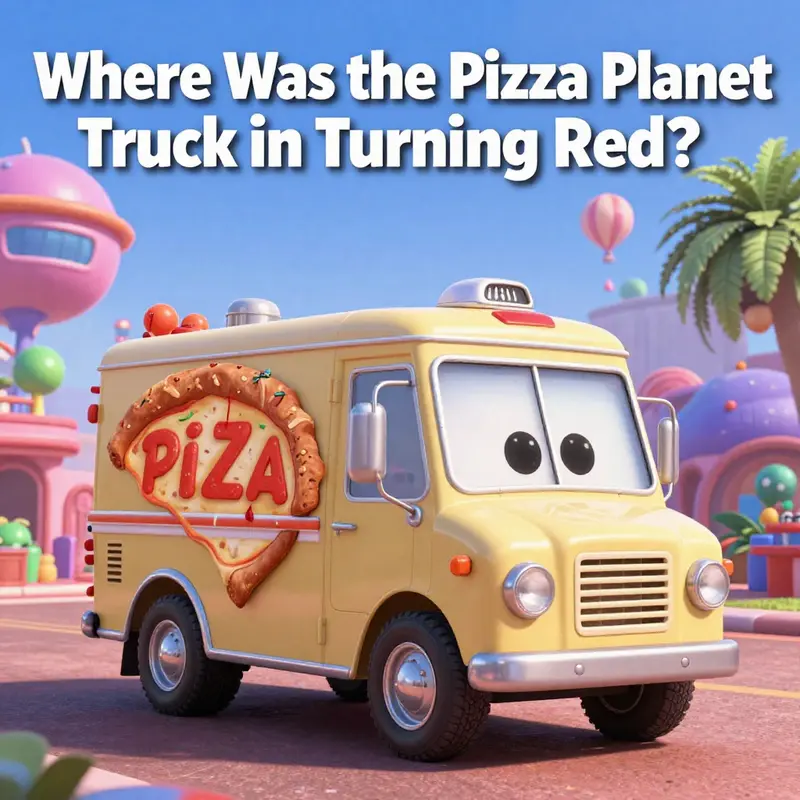 An animated styled graphic of the Pizza Planet Truck surrounded by other Pixar film elements, creating a vibrant visual story.