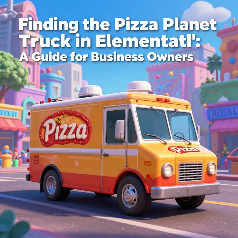 The Pizza Planet Truck set against a colorful backdrop of Element City, highlighting its significance in *Elemental*.
