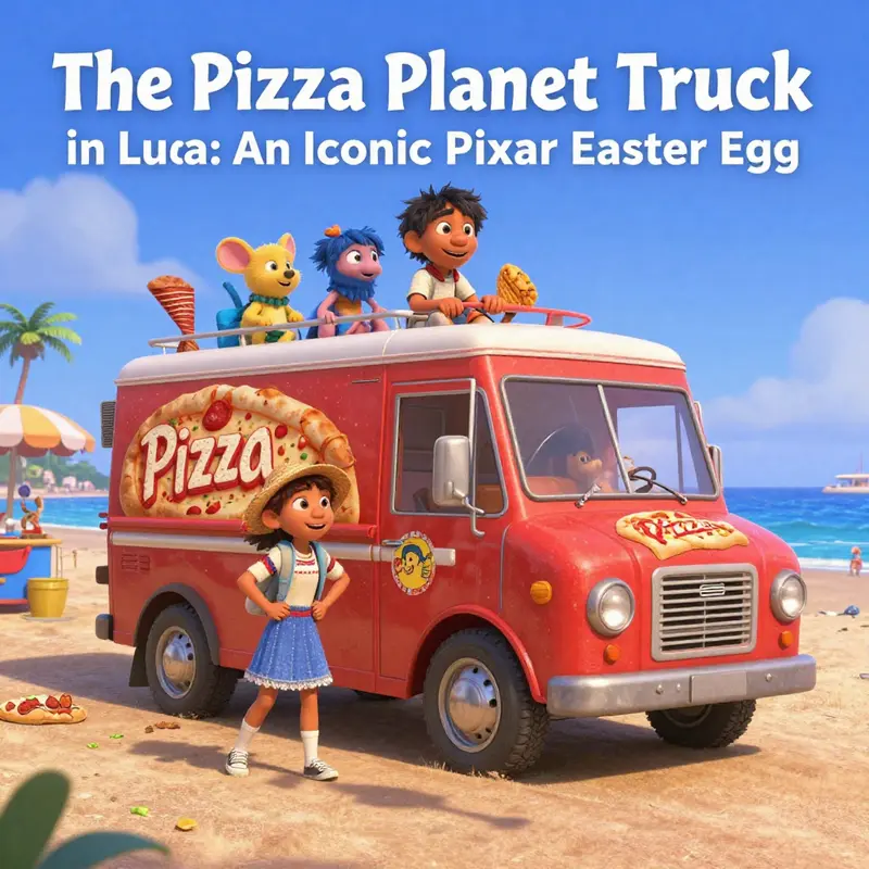 A vibrant image showing the Pizza Planet Truck alongside Luca and his friends at the beach.