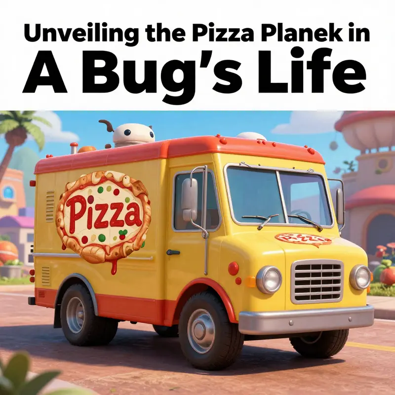 A vibrant image of the Pizza Planet truck with recognizable Pixar film elements in the background.