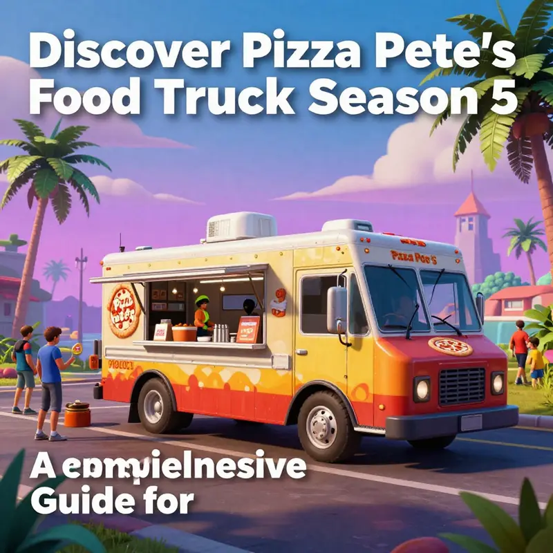 A picturesque view of Pizza Pete's Food Truck in Fortnite, surrounded by players and the game landscape.