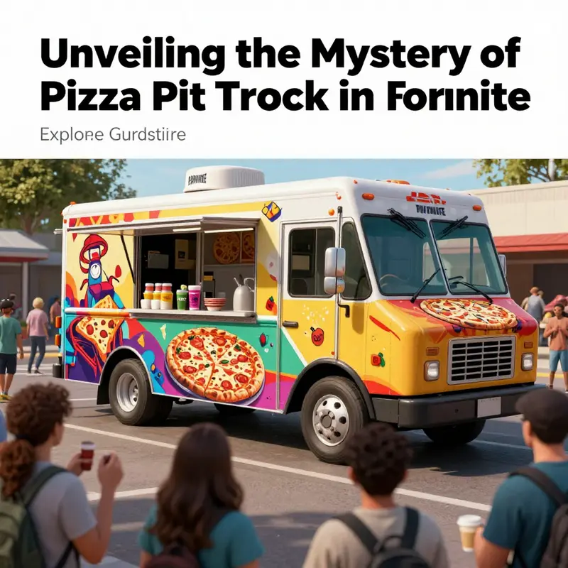 A colorful depiction of a food truck celebrating pizza and gaming culture, showcasing vibrant customer interactions.