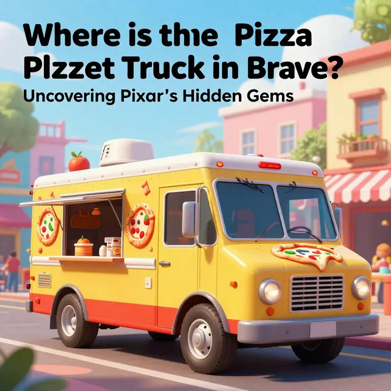 An illustration depicting the Pizza Planet Truck at a bustling food truck festival.