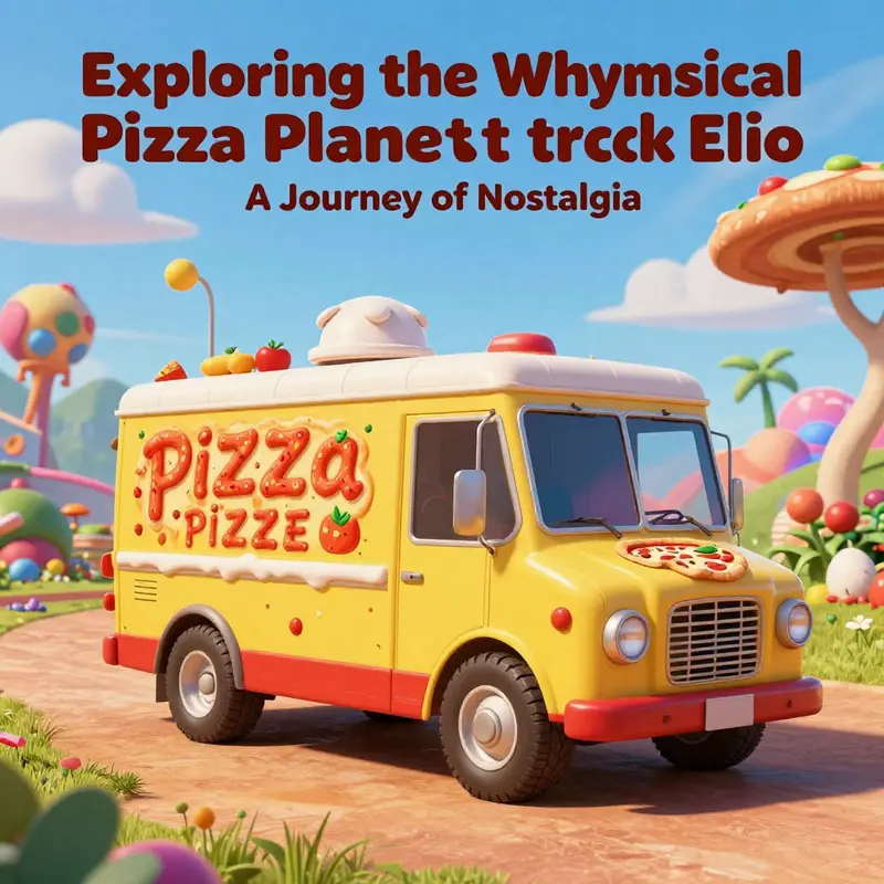 A vibrant depiction of the Pizza Planet Truck in the imaginative landscape of the Pizza Realm from Elio.