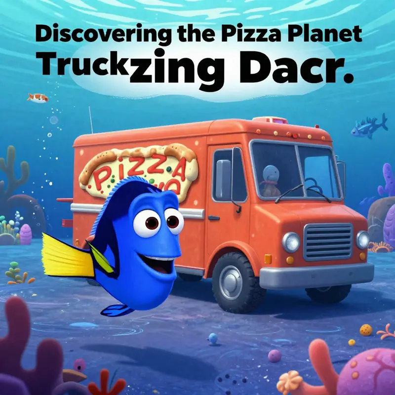 A colorful underwater scene from *Finding Dory* featuring the hidden Pizza Planet truck amidst marine life.