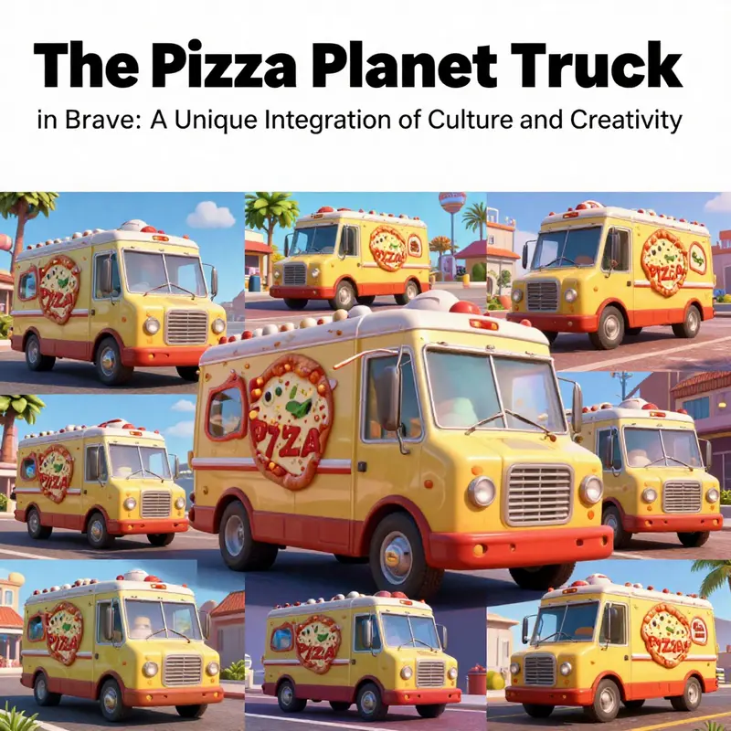 The intricate wooden model of the Pizza Planet Truck crafted by the witch in *Brave*, highlighting its integration into the storyline.