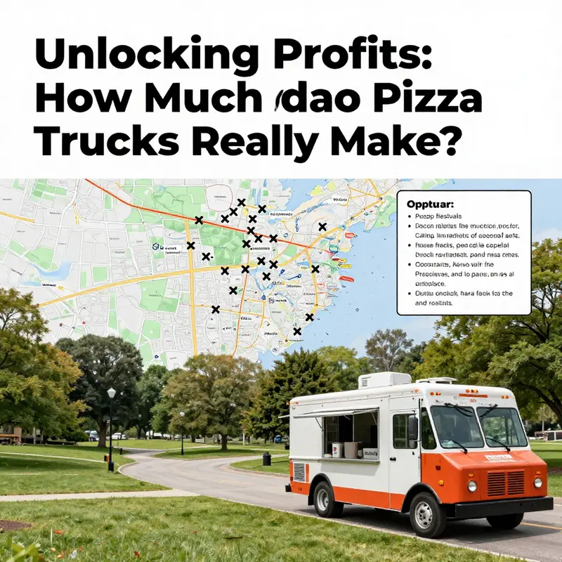 A scene showcasing the lively atmosphere around a pizza food truck thriving during a festival, highlighting its revenue potential.