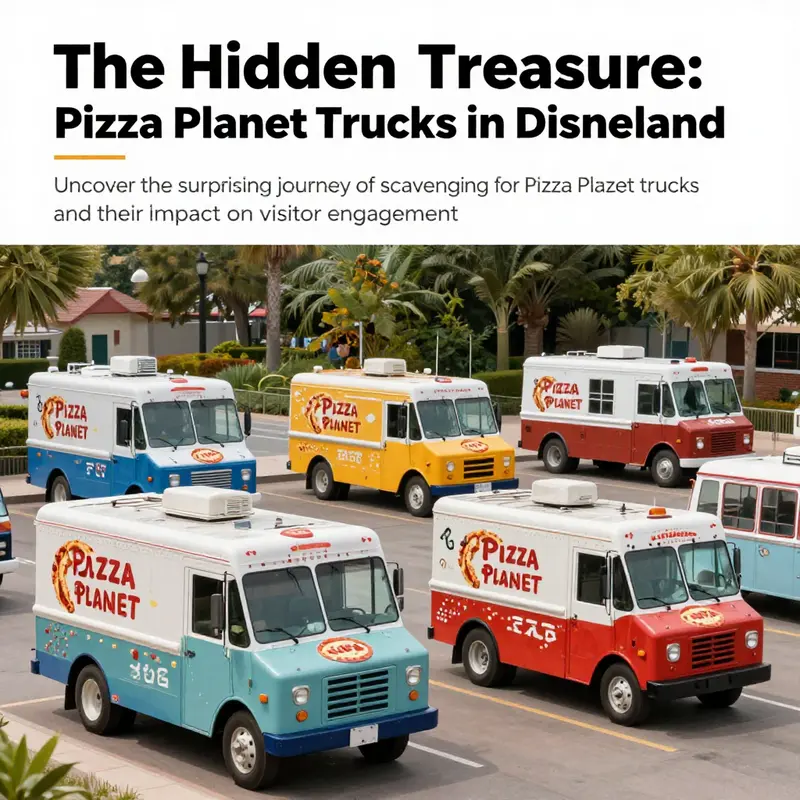 A selection of hidden Pizza Planet trucks displayed in different locations within Disneyland.