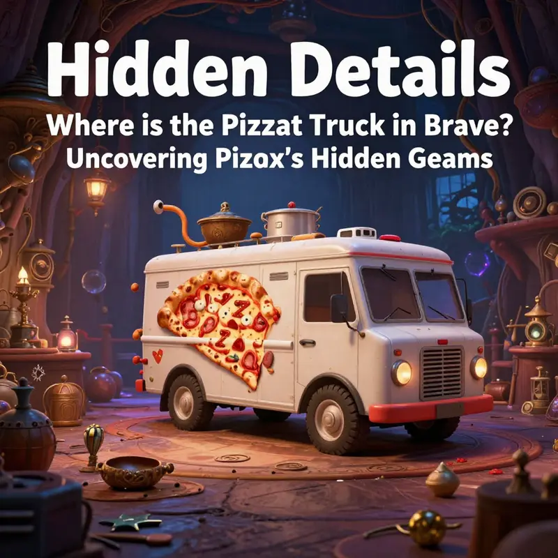 The iconic Pizza Planet Truck as a wooden carving in the Witch’s workshop.