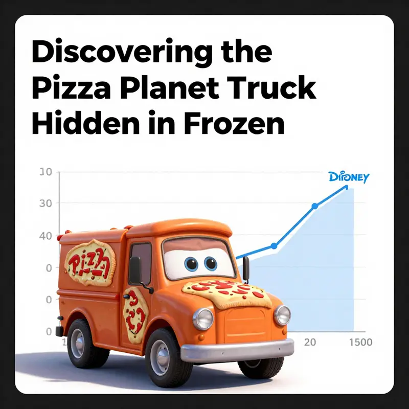 The Pizza Planet truck makes a subtle yet vibrant appearance in the lively streets of Arendelle.