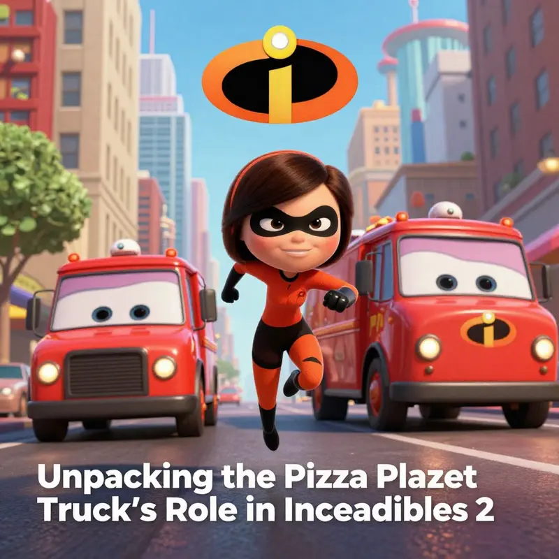 Elastigirl’s daring chase showcasing the Pizza Planet truck in the background.
