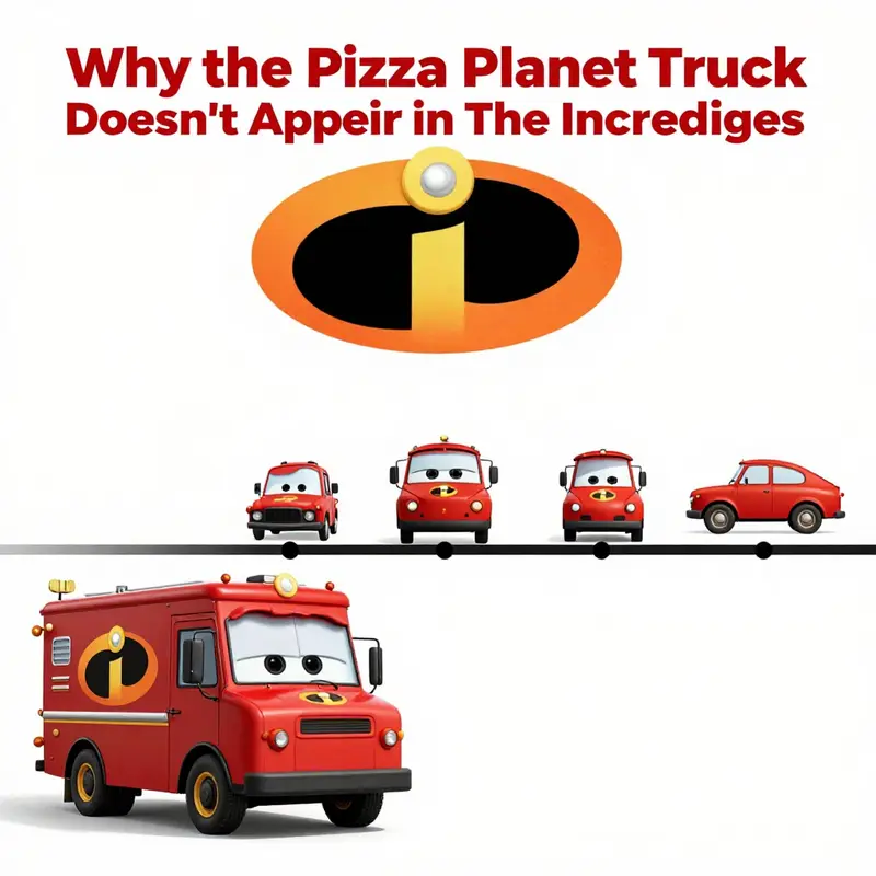 A scene from a Pixar superhero city, highlighting the absence of the Pizza Planet Truck.