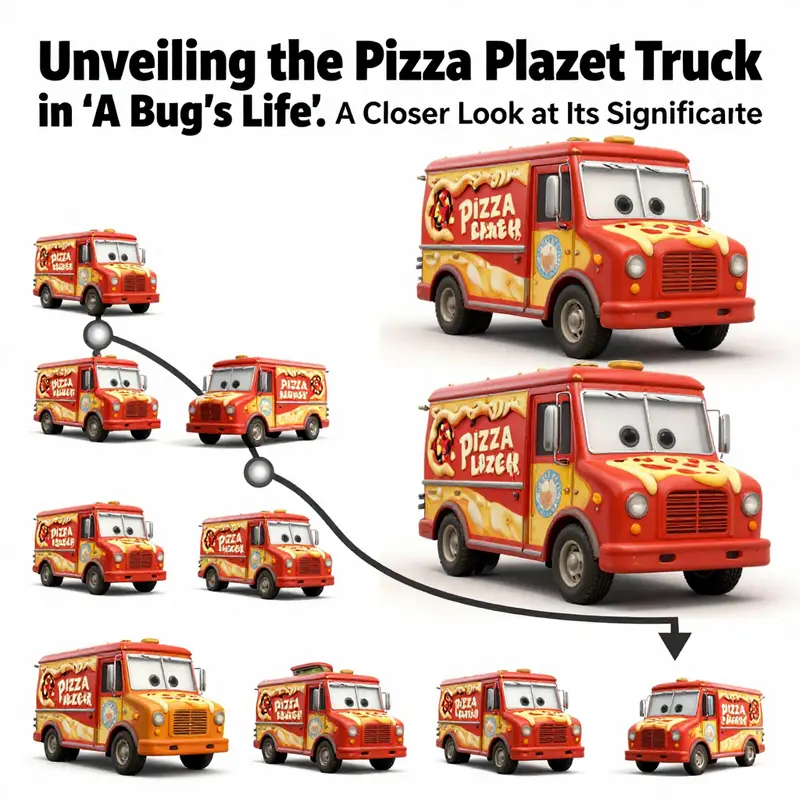 The Pizza Planet truck featured in a scene from *A Bug’s Life*, exemplifying its playful presence in the film.