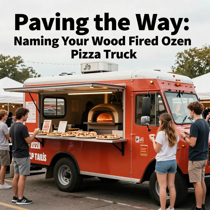 A bustling scene of a wood-fired pizza truck at a food festival with customers enjoying freshly made pizza.