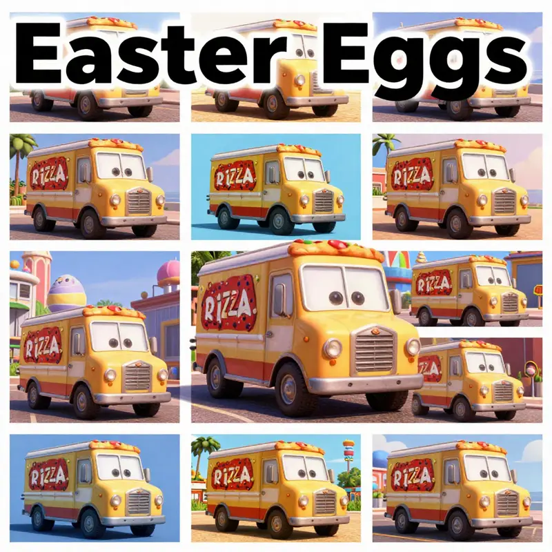 The Pizza Planet truck featured in a scene from *A Bug’s Life*, exemplifying its playful presence in the film.