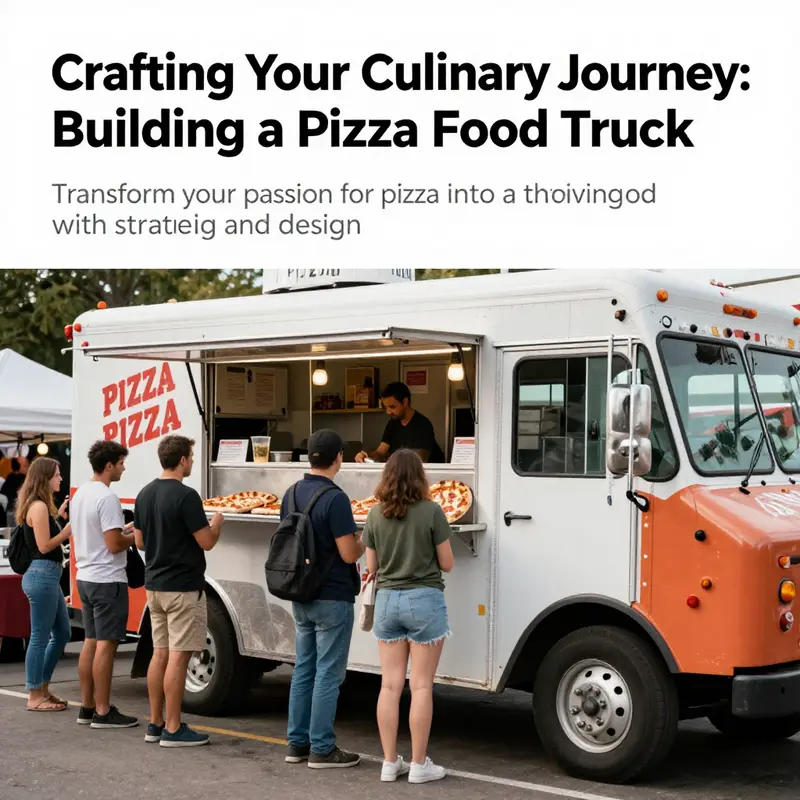 A lively pizza food truck surrounded by eager customers at a bustling outdoor market.