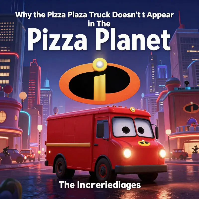 A scene from a Pixar superhero city, highlighting the absence of the Pizza Planet Truck.