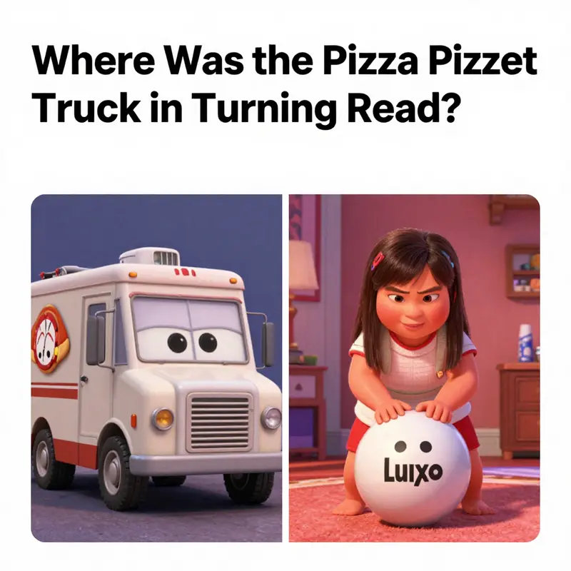 A visual comparison highlighting the absence of the Pizza Planet Truck in Turning Red against its presence in Toy Story.