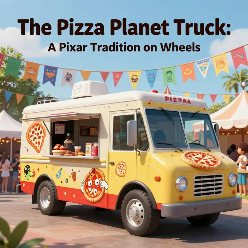 A lively Pizza Planet truck at a festival, showcasing its connection to Pixar and pizza culture.