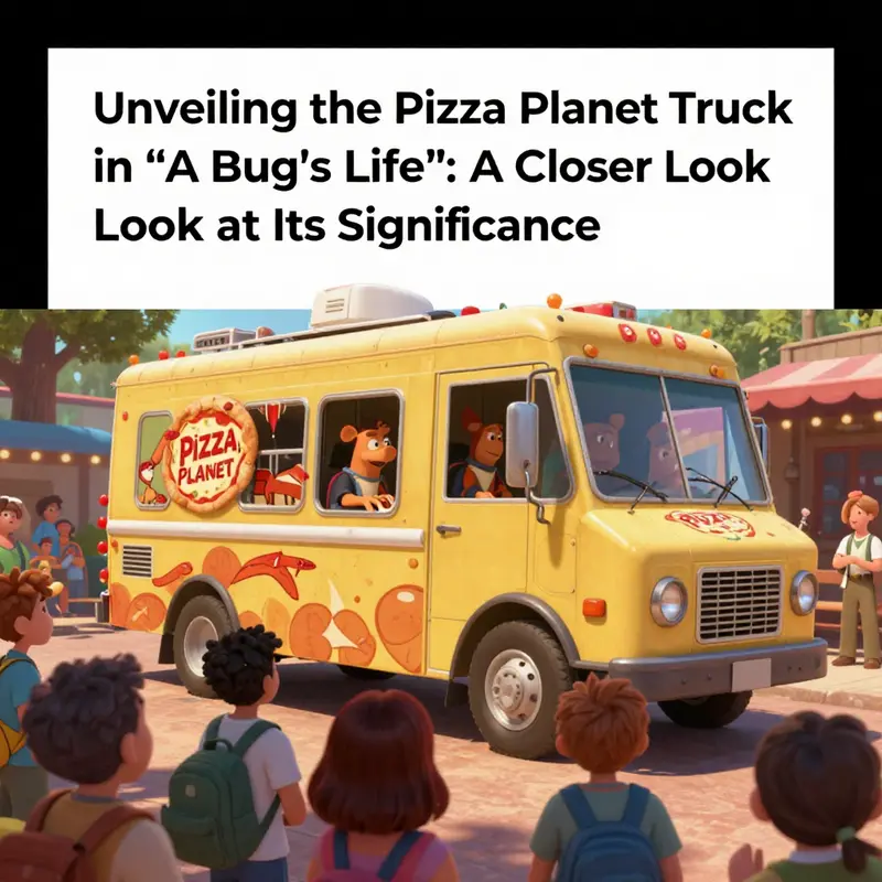 The Pizza Planet truck featured in a scene from *A Bug’s Life*, exemplifying its playful presence in the film.