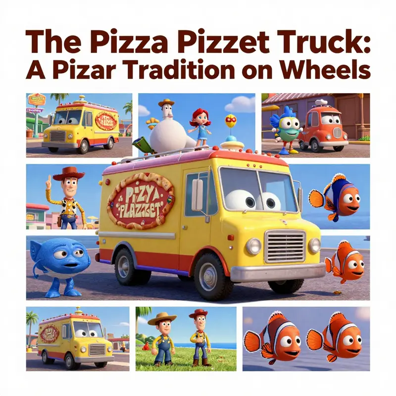 Chronological snapshots of the Pizza Planet truck’s appearances in various Pixar films.