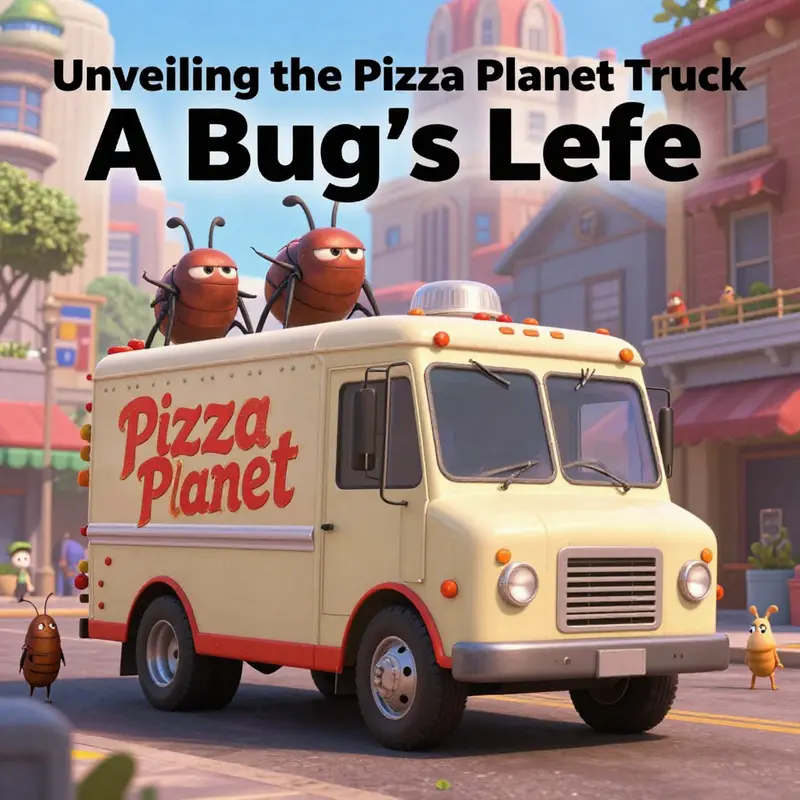 The Pizza Planet truck featured in a scene from *A Bug’s Life*, exemplifying its playful presence in the film.