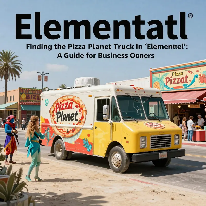 The Pizza Planet Truck parked in the lively Burning Man district of Element City.