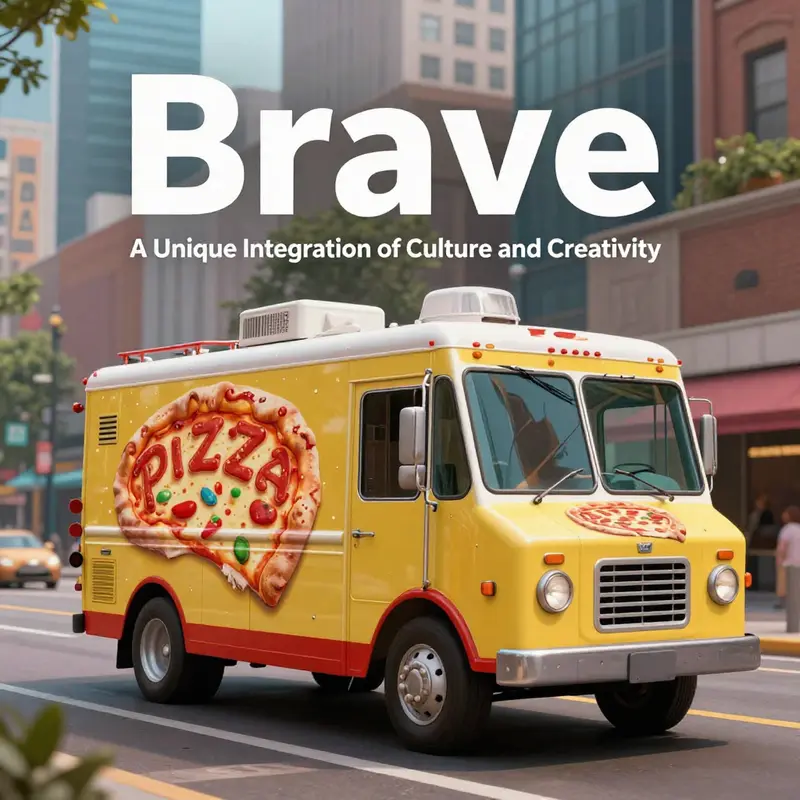 A vibrant scene of a Pizza Planet Truck driving through a lively urban landscape, representing the dynamics of contemporary branding.