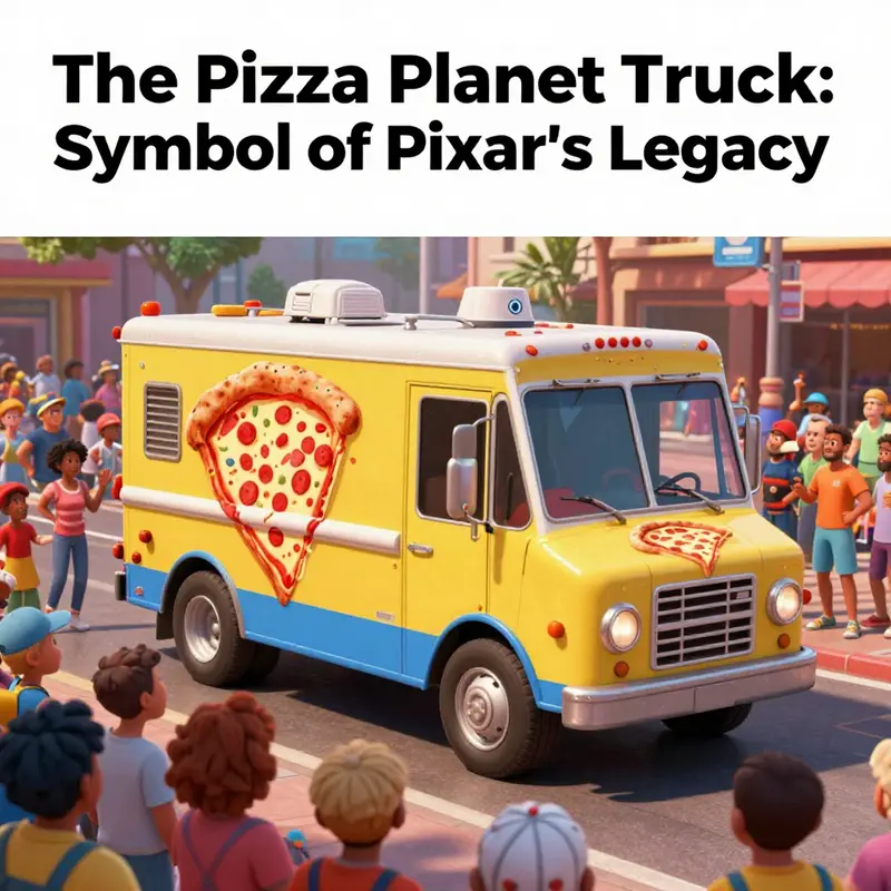 An animated illustration of the Pizza Planet truck surrounded by enthusiastic fans, capturing its iconic status.