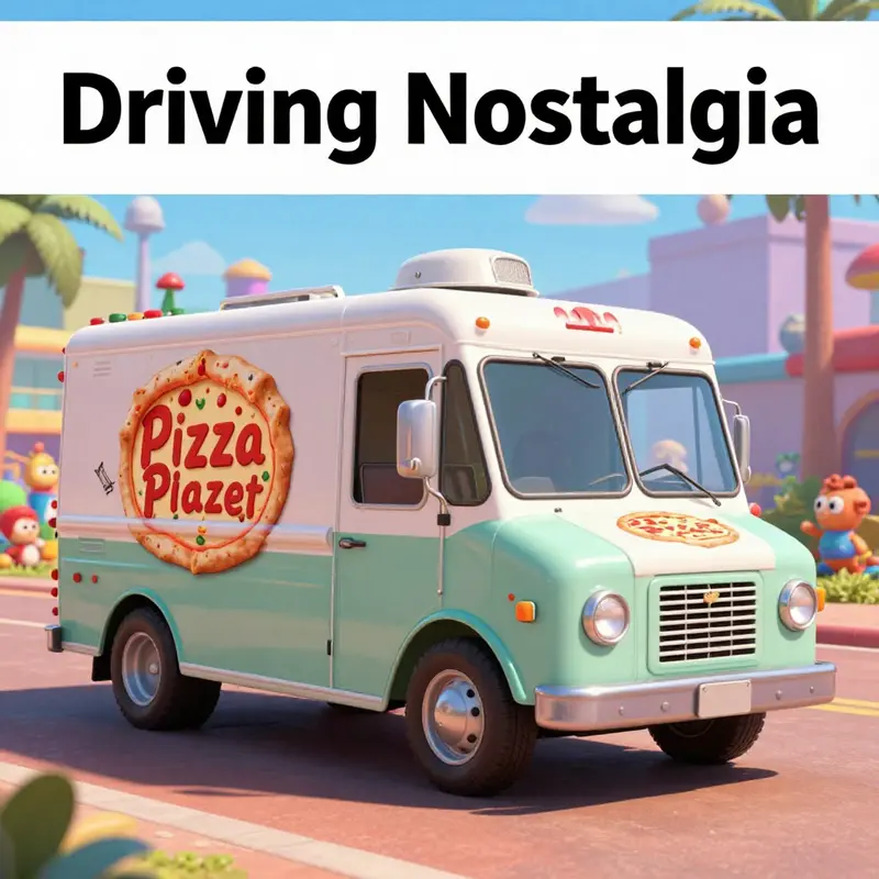 A colorful representation of the Pizza Planet Truck in a Pixar-themed environment.