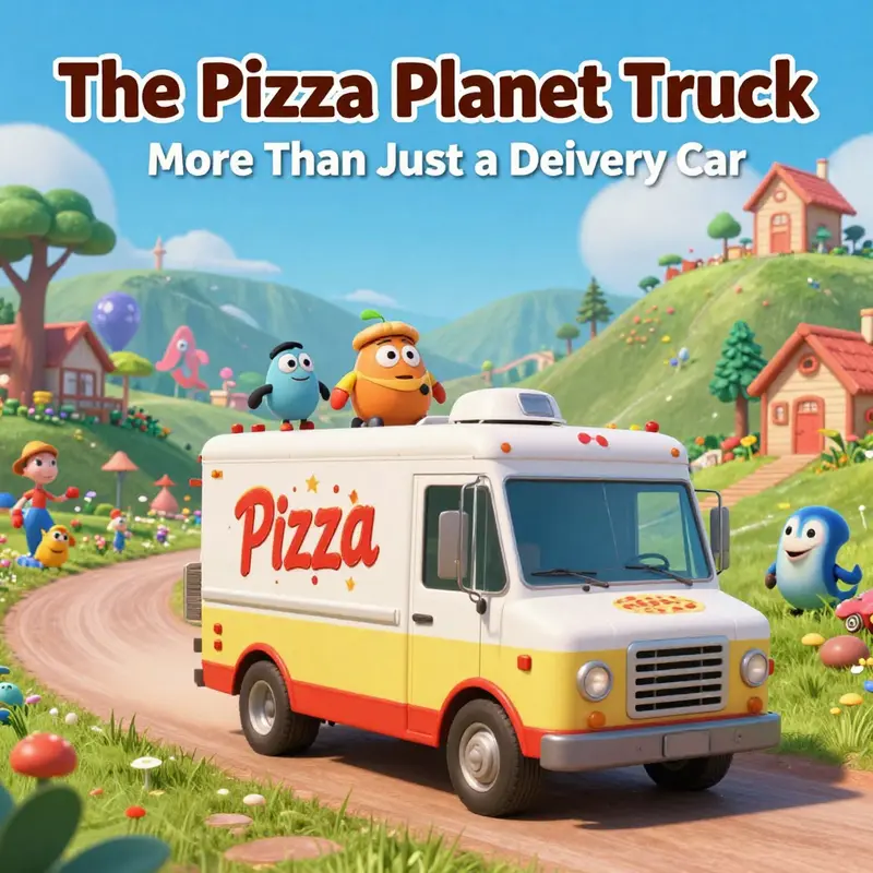 Pizza Planet truck driving through a colorful and lively Pixar landscape featuring iconic characters.
