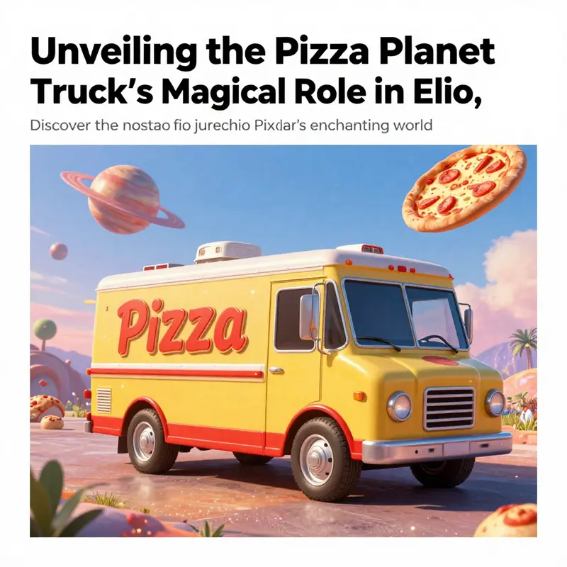 A panoramic illustration of the Pizza Planet Truck in a magical landscape reflecting the enchanting themes of nostalgia and adventure.