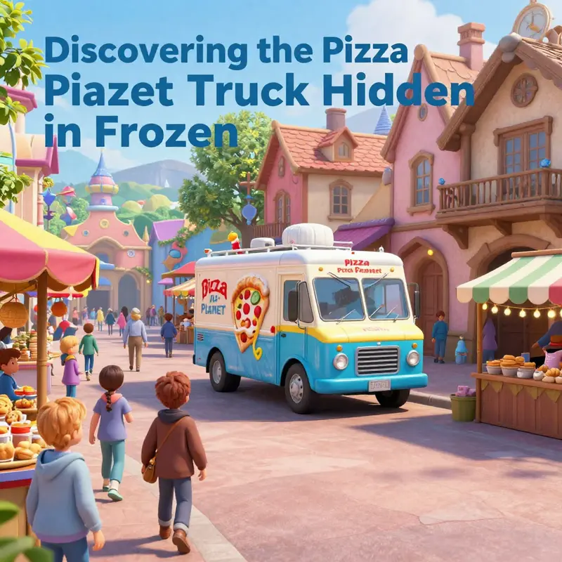 The Pizza Planet truck makes a subtle yet vibrant appearance in the lively streets of Arendelle.