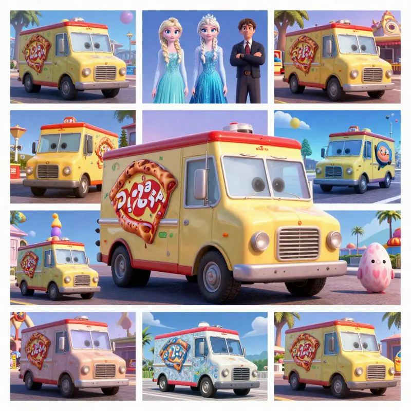 The Pizza Planet truck makes a subtle yet vibrant appearance in the lively streets of Arendelle.