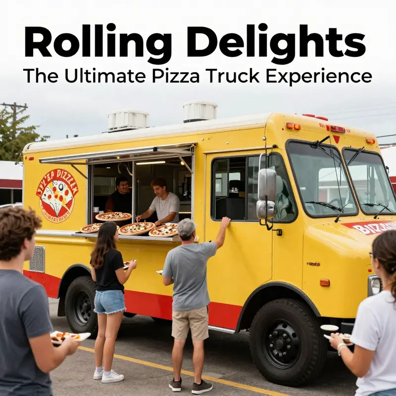 A lively pizza truck in action with happy customers enjoying freshly made pizzas in a festive setting.
