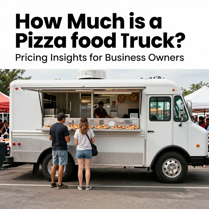 A pizza food truck serving customers at a street market, displaying a vibrant and busy food service environment.