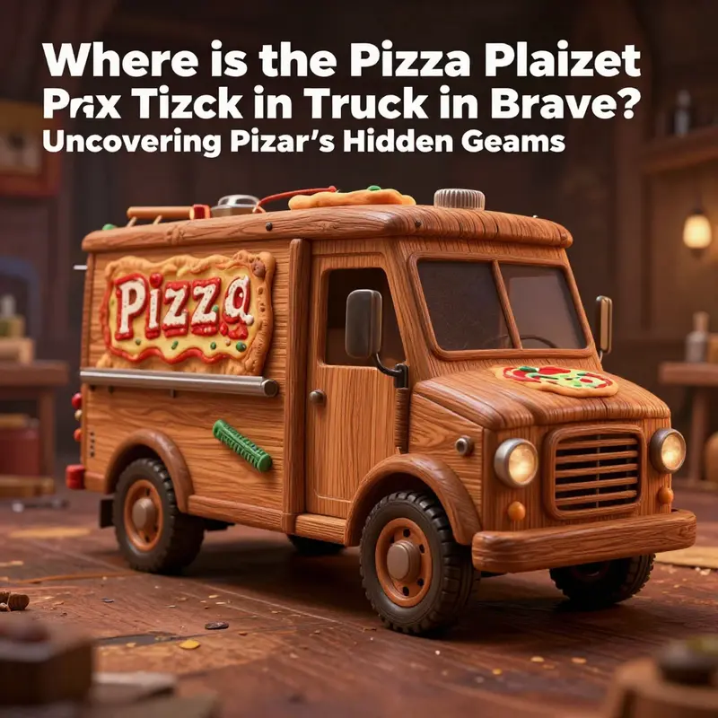The iconic Pizza Planet Truck as a wooden carving in the Witch’s workshop.