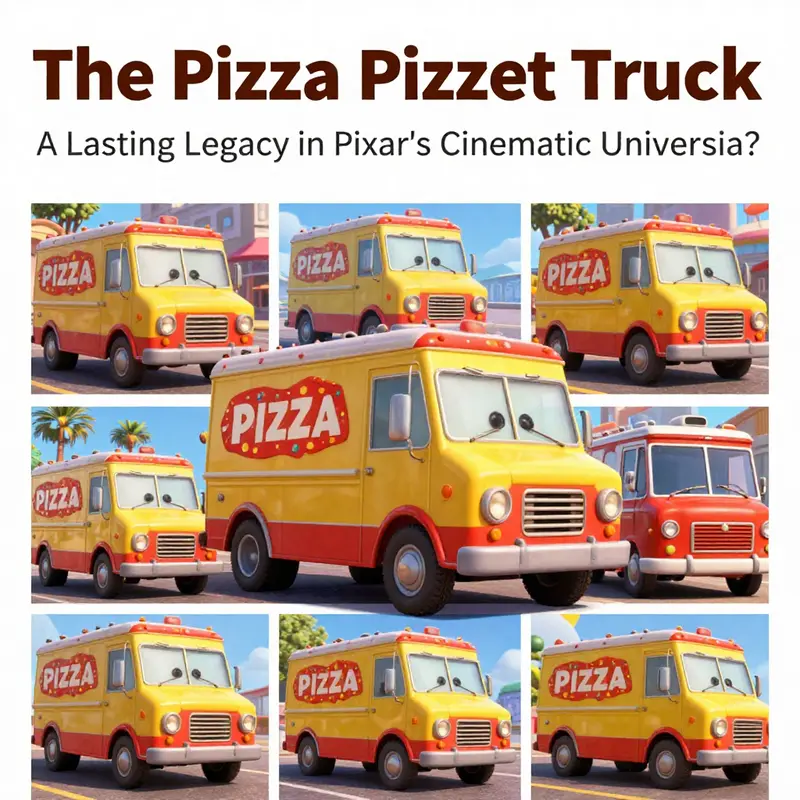 A collage of scenes featuring the Pizza Planet Truck throughout various Pixar films.