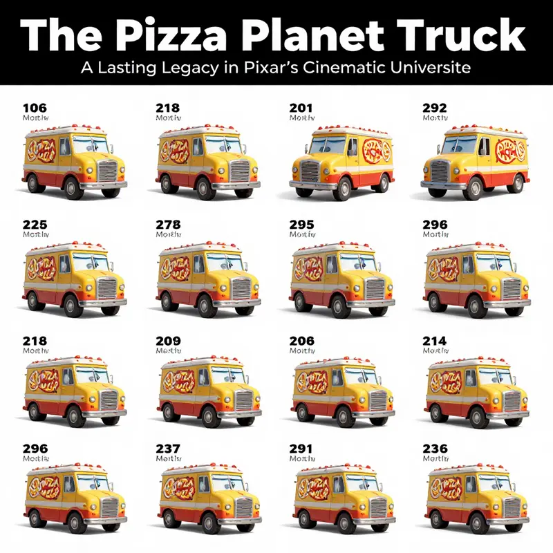 A collage of scenes featuring the Pizza Planet Truck throughout various Pixar films.
