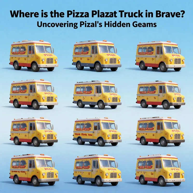 The iconic Pizza Planet Truck as a wooden carving in the Witch’s workshop.