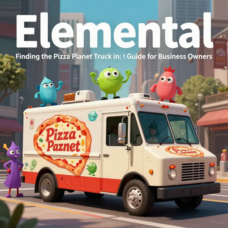 The Pizza Planet Truck parked in the lively Burning Man district of Element City.