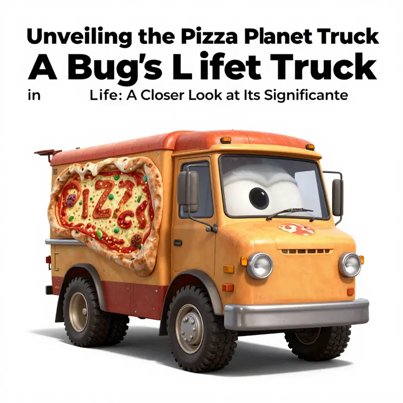The Pizza Planet truck featured in a scene from *A Bug’s Life*, exemplifying its playful presence in the film.