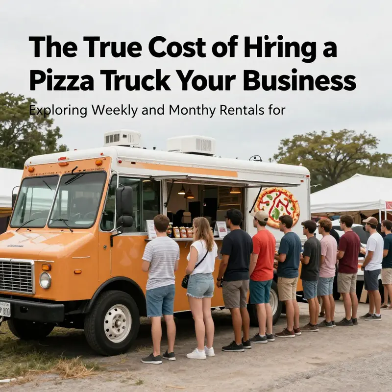 A pizza truck serves fresh slices at a bustling street, highlighting the daily rental experience.